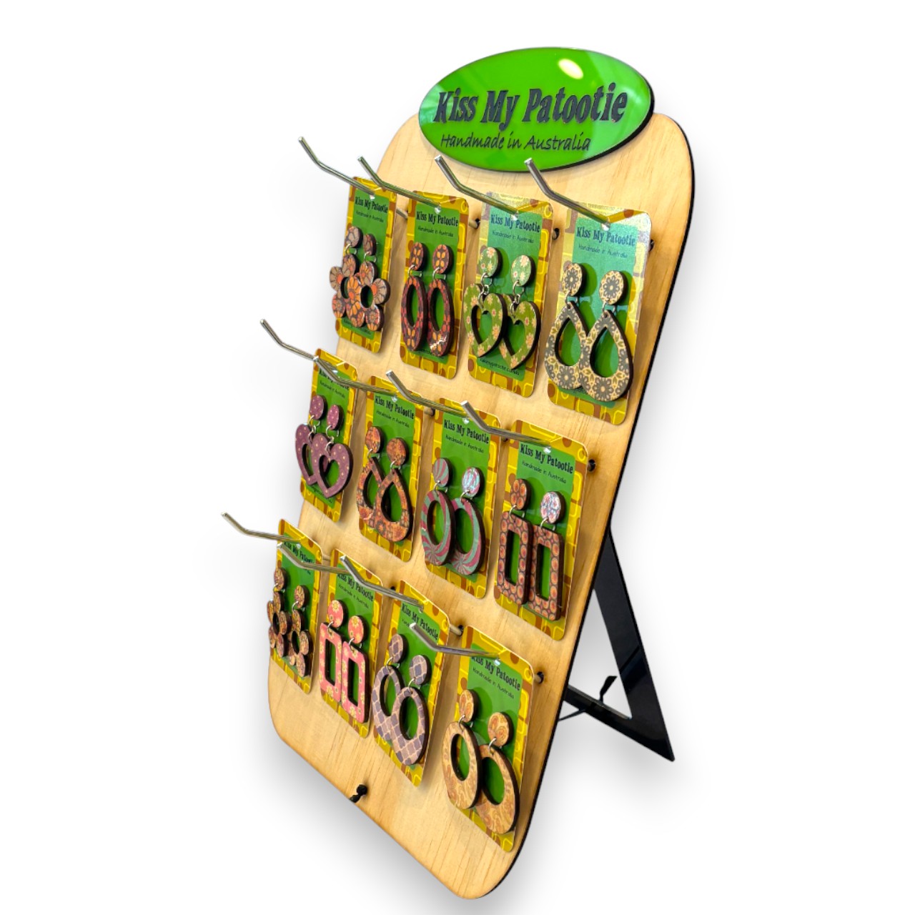 Retro wooden earrings wholesale starter pack - 24 x earrings & Free display stand