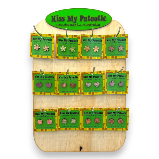Retro wooden studs wholesale starter pack - 36 x earrings & Free display stand