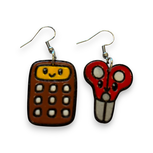 Wooden teacher earrings - calculator and scissors