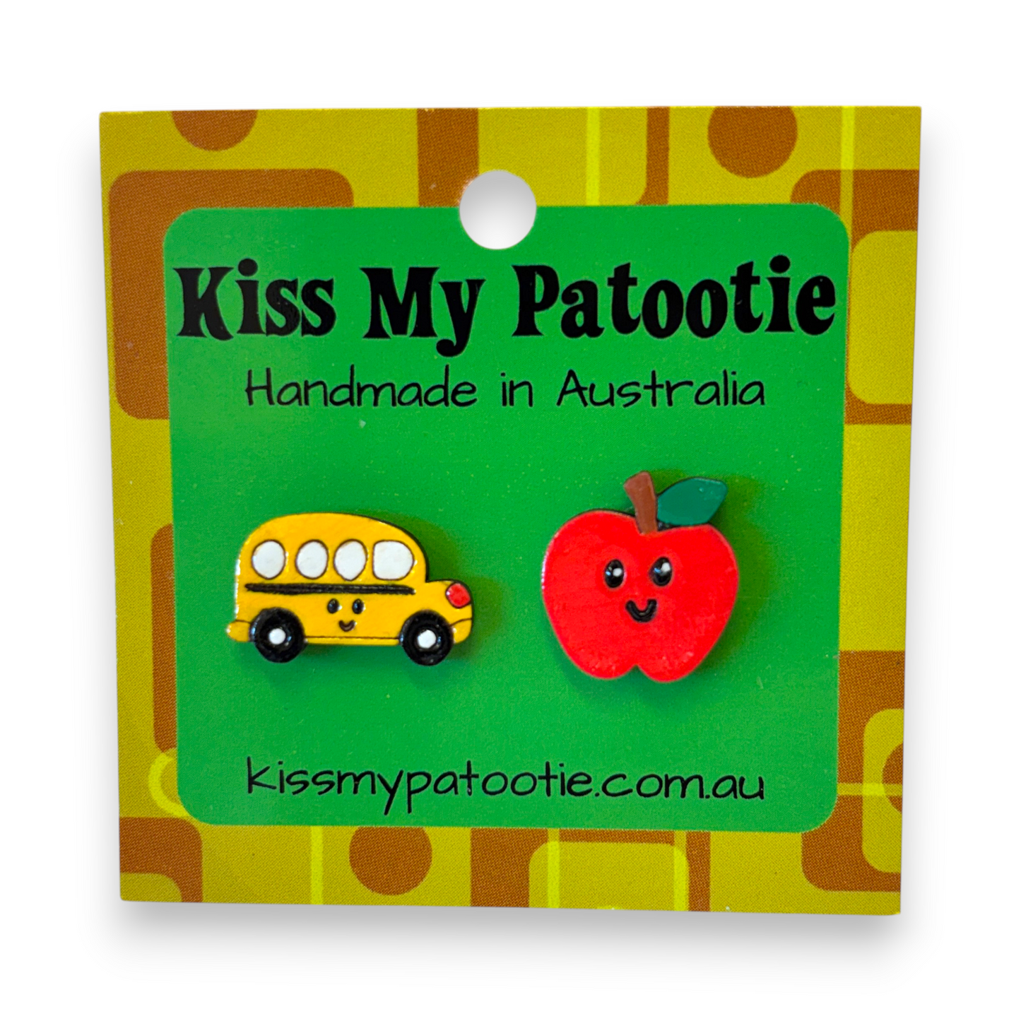 Apple / school bus studs - hand painted teacher earrings