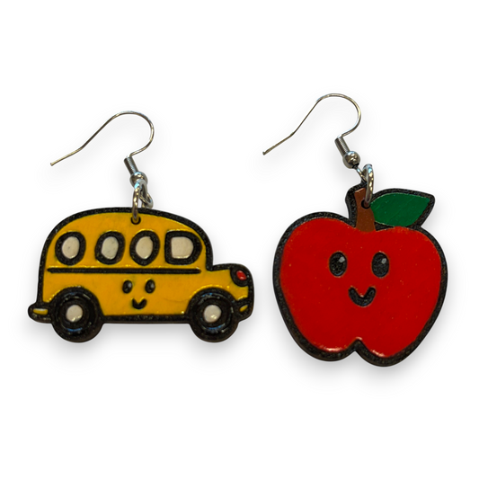 Wooden teacher earrings - school bus and apple