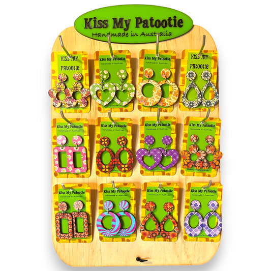 Retro wooden earrings wholesale starter pack - 24 x earrings & Free display stand