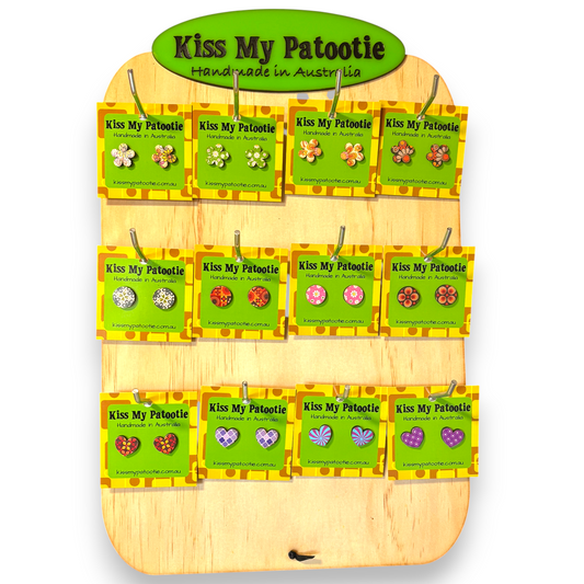 Retro wooden studs wholesale starter pack - 36 x earrings & Free display stand