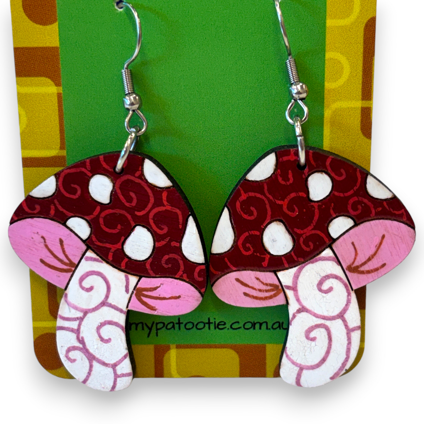 Wooden mushroom earrings