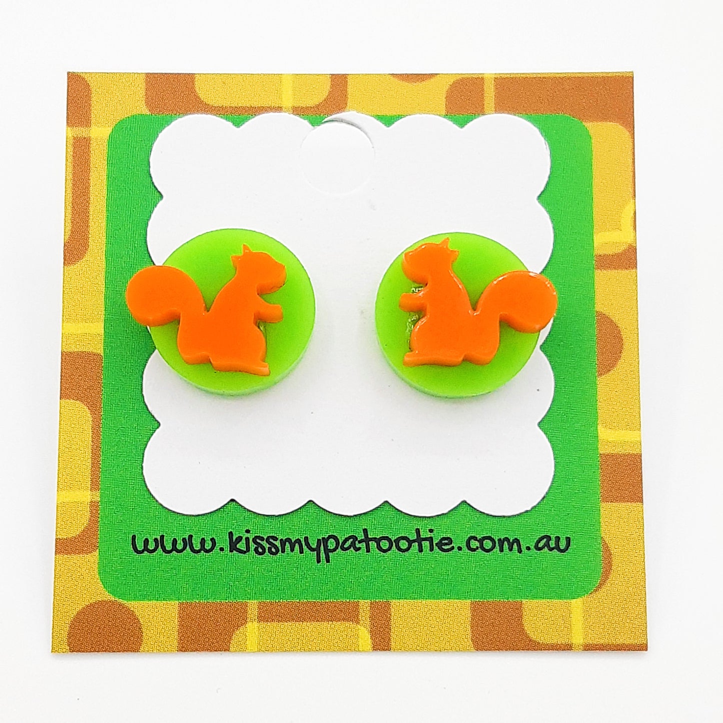 Squirrel laser cut acrylic earrings - green & orange