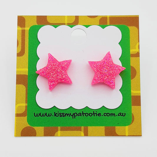 Glitter star laser cut acrylic earrings - hot pink