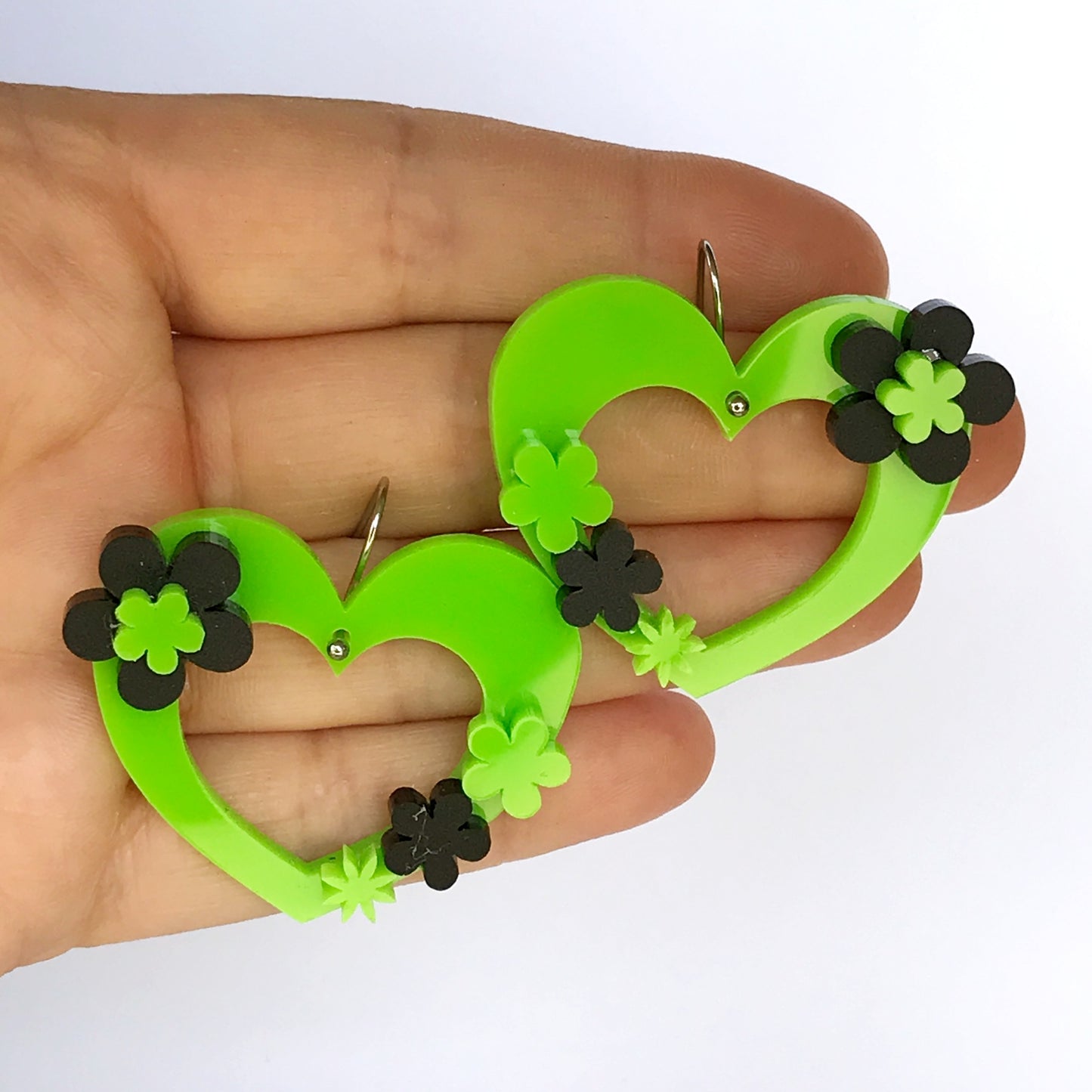 Love Heart Earrings - laser cut acrylic - green