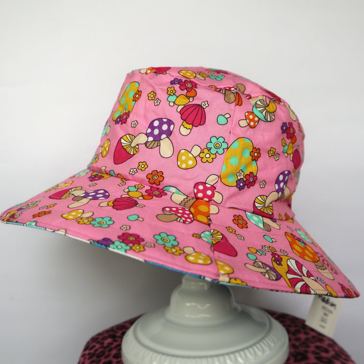 Reversible Sun Hat - Ladies & Girls sizes - pink mushrooms
