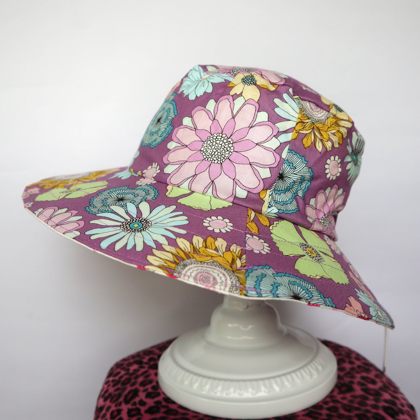 Reversible Sun Hat - Ladies & Girls size - purple floral, flamingo