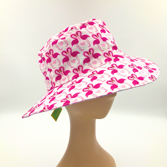 Reversible Sun Hat - Ladies & Girls size - purple floral & flamingo