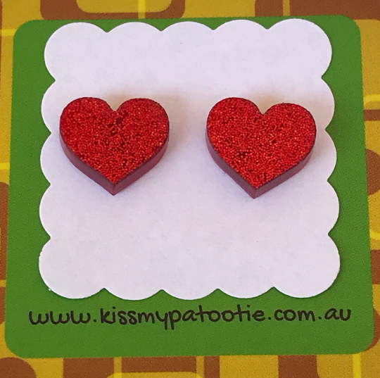 Hearts - Laser Cut Earrings / Studs - red glitter acrylic