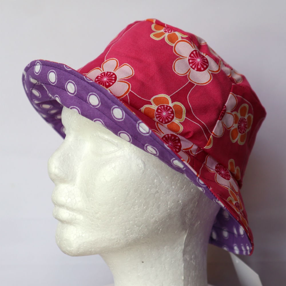 Reversible Bucket Hat - Pink Daisy - girls sizes 3 mths - 6 yrs