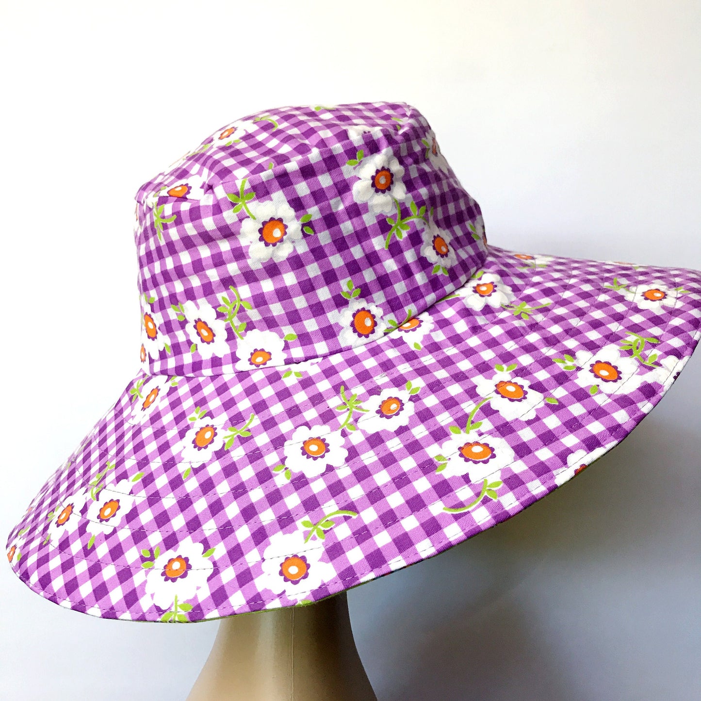 Wide Brim Reversible Sun Hat, Ladies / Girls sizes avail - vintage purple floral