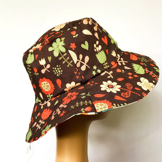 Reversible Sun Hat - Ladies & Girls sizes - brown / pink  floral