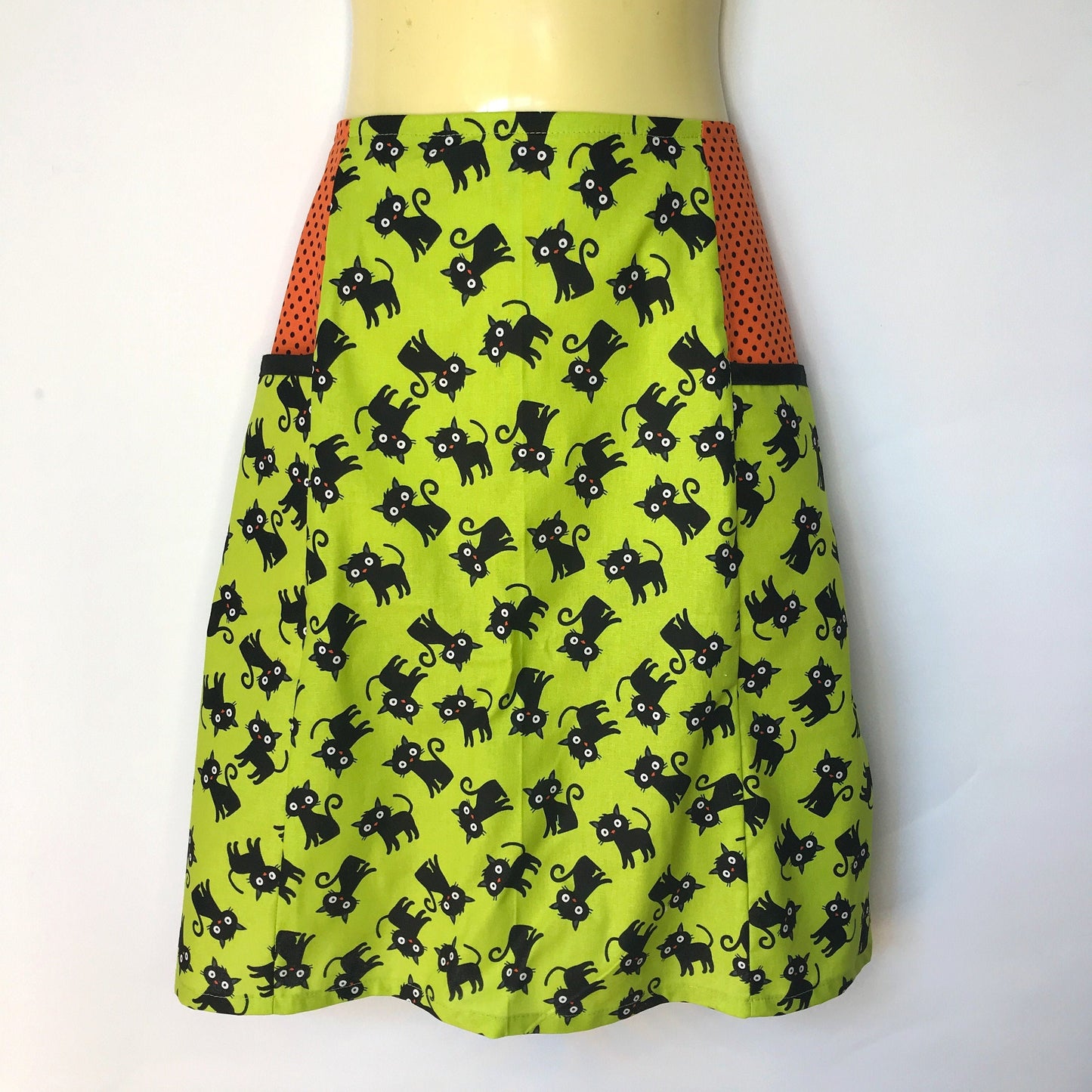 Ladies A Line Skirt - Lime green cats - sizes 8 - 18