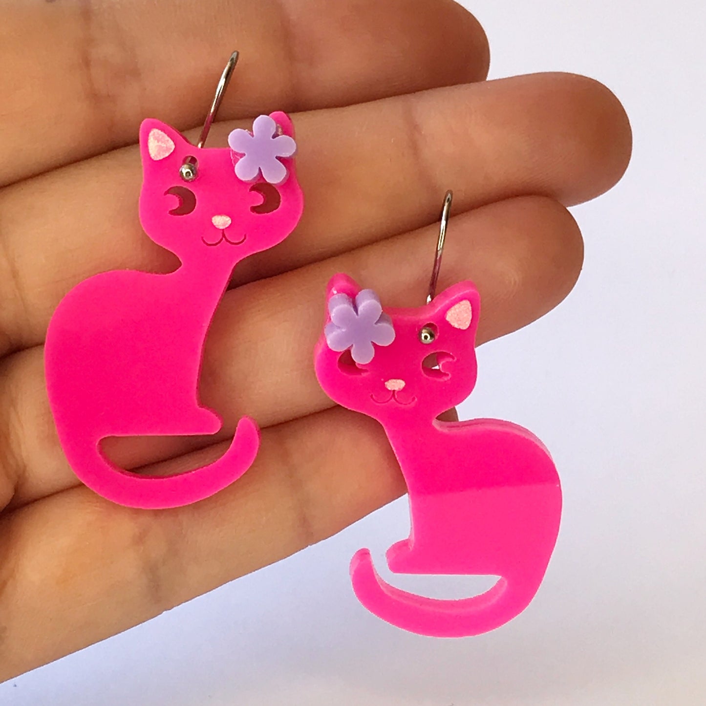 Kitty Cat Earrings - laser cut acrylic - hot pink