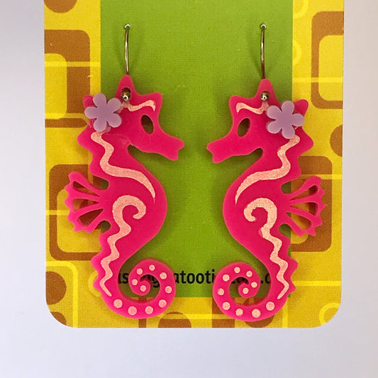 Seahorse Earrings - laser cut acrylic - hot pink