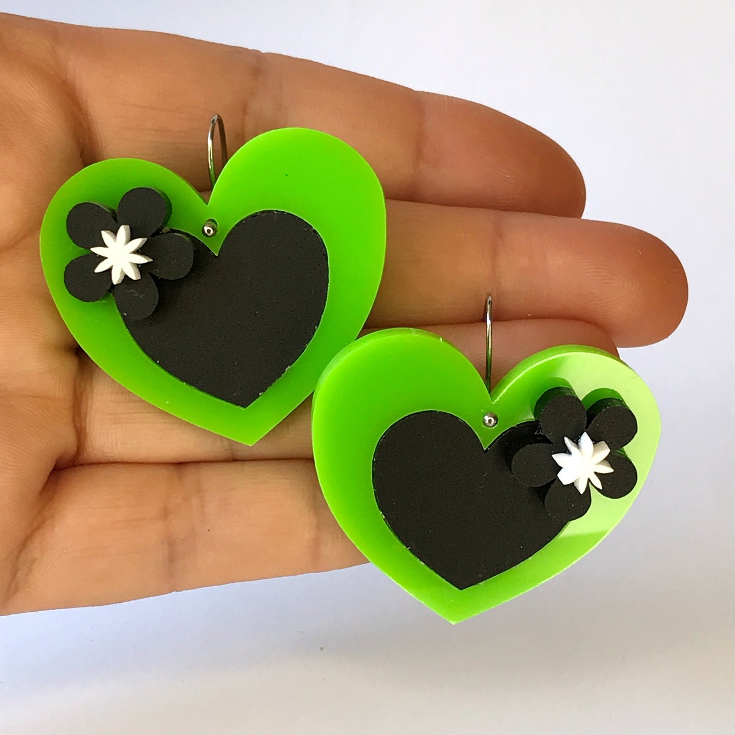 Love Heart Earrings - laser cut acrylic - green & black