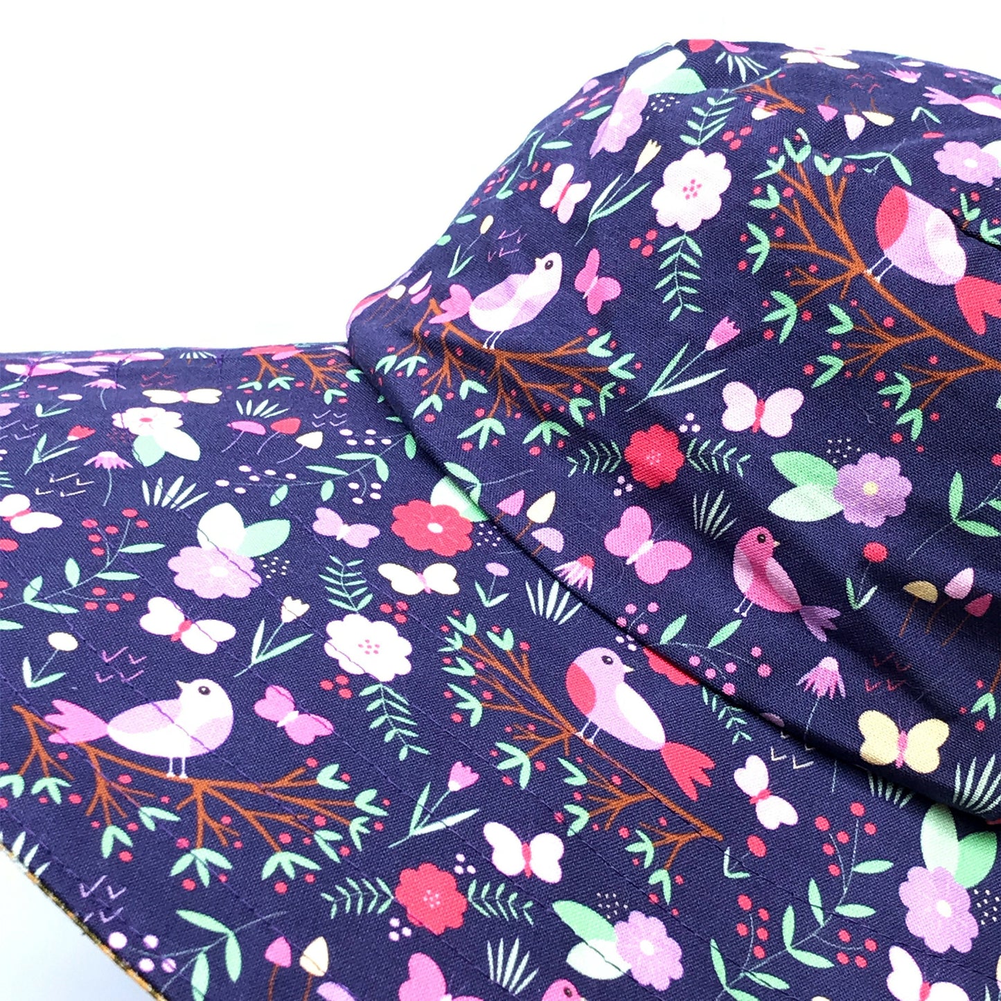 Wide Brim Reversible Sun Hat, Ladies / Girls sizes avail - purple birds