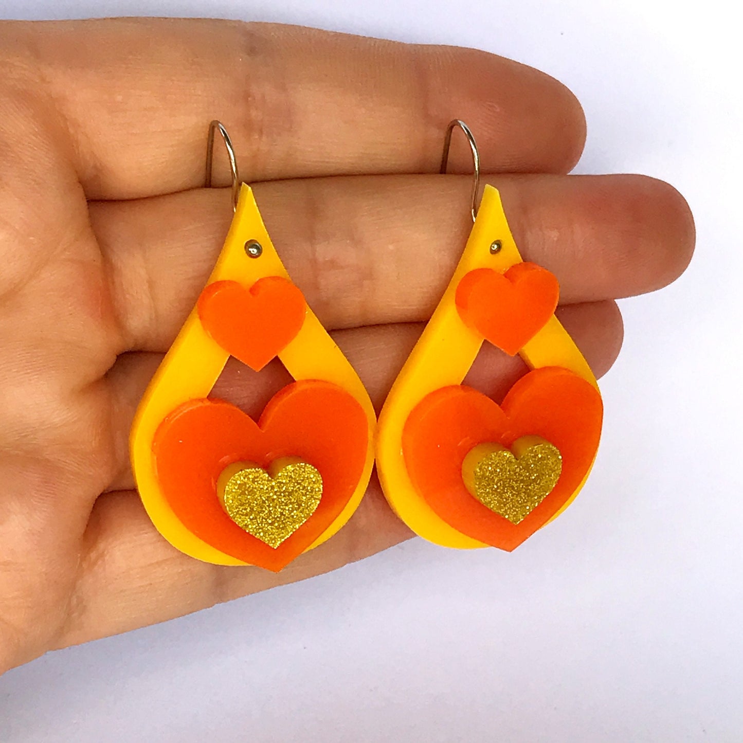 Teardrop Earrings - laser cut acrylic - glitter love heart, yellow