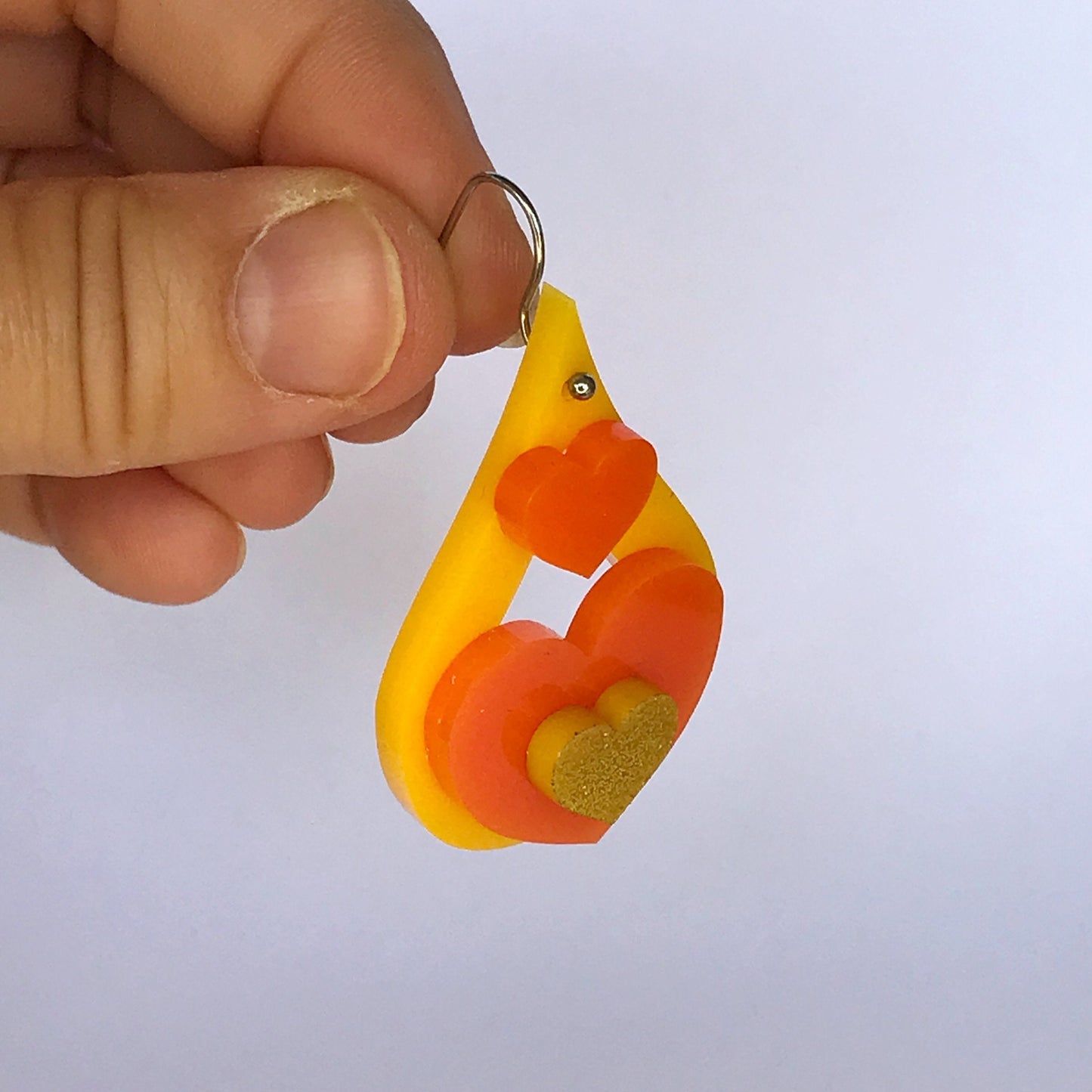 Teardrop Earrings - laser cut acrylic - glitter love heart, yellow