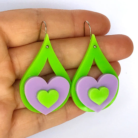 Teardrop Earrings - laser cut acrylic - love heart, green